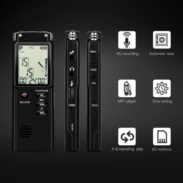 AgueMart Professional Digital Voice Recorder 8GB Sound Audio Recorder Time Display USB Built-in Microphone MP3 Player with Speaker for Home/Office/Meeting/Classes/Lectures/Speech/Interviews-Pack of 01 - Image 3