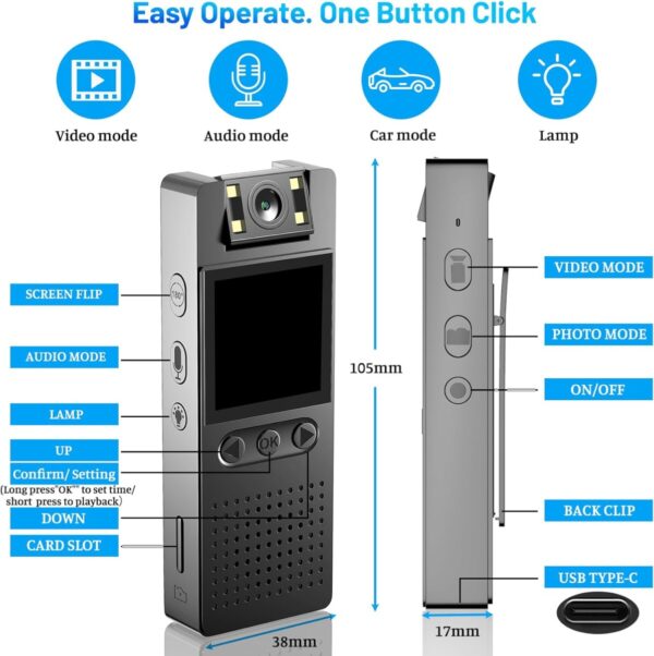 Sekuai Latest Body Mounted Compact Portable WiFi 1080p HD Security DVR Camera with Easy Pocket Clip for Mounting, 1.3" LCD Display, Night Vision, Single Button Easy Operation Outdoor/Indoor - Image 7