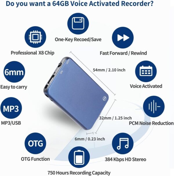 SekyuritiBijon 64GB Inbuilt Memory Slimmest Mini Digital Voice Activated Audio Recorder with 750 Hours Recording Capacity and 30 Hours Battery Time After Single Charge, Metal Case, Voice Recording - Image 5